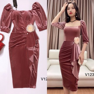 V1233- ĐẦM NHUNG BODY HỒNG RUỐC- KÈM ẢNH THẬT