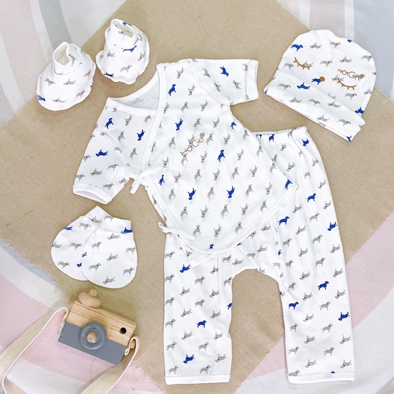 Set quần áo sơ sinh 0-3m cotton borip xuất họa tiết - 5 món