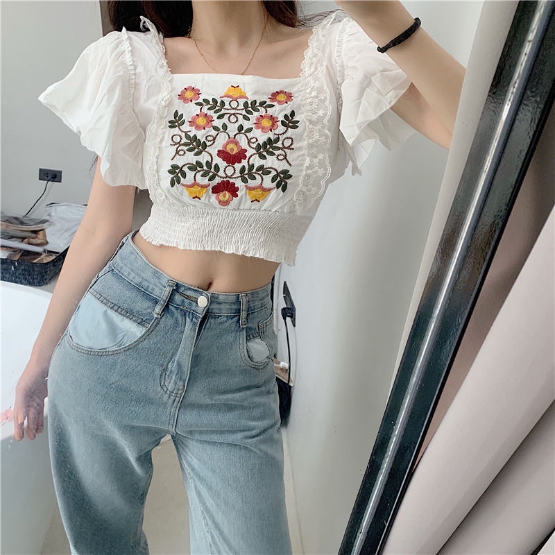 Bán Chạy!Áo Kiểu Cổ Vuông Tay Ngắn Viền Xếp Nếp Thêu Họa Tiết Phong Cách Cổ Điển Thời Trang Mùa Hè Phong Cách Hàn Quốc Cho Nữ