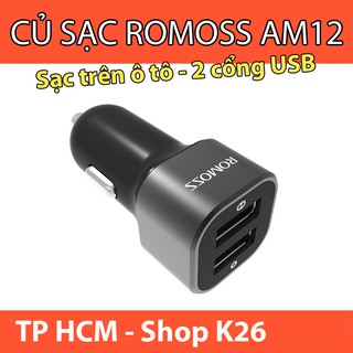Củ Sạc Trên Ô Tô - Romoss AM12 Có 2 Cổng Sạc USB 1A và 2.4A - Sạc Nhanh - Sạc Đồng Thời 2 Thiết Bị