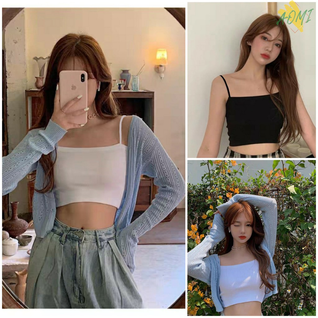 Áo Quây 2 Dây Sợi Bún co giãn tốt Croptop Dáng Ôm Chất Thun Mịn Bozip TĂM Màu Đen Trắng Choobe Aomi Freesize &lt;50kg