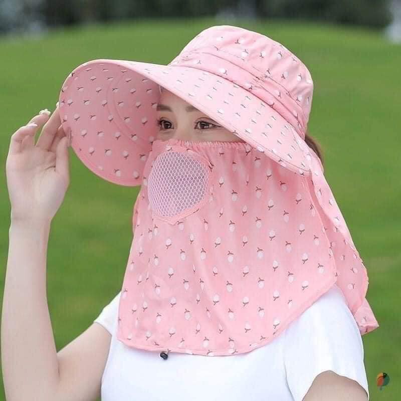Mũ Che Nắng Kèm Khẩu Trang Chống Tia Uv Bảo Vệ Mặt Và Cổ Chất Liệu Cotton Có Thể Tháo Rời