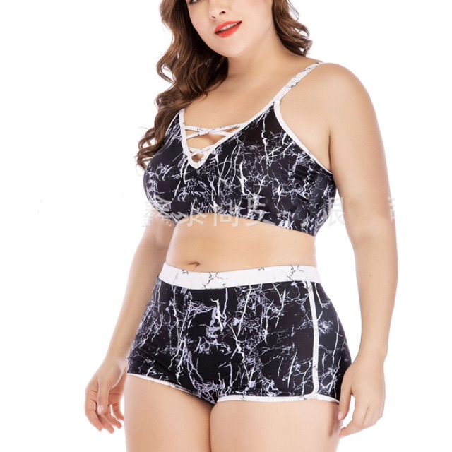 Bộ bikini short big size 2 mảnh màu đen phối trắng size lớn 80-110kg | BigBuy360 - bigbuy360.vn