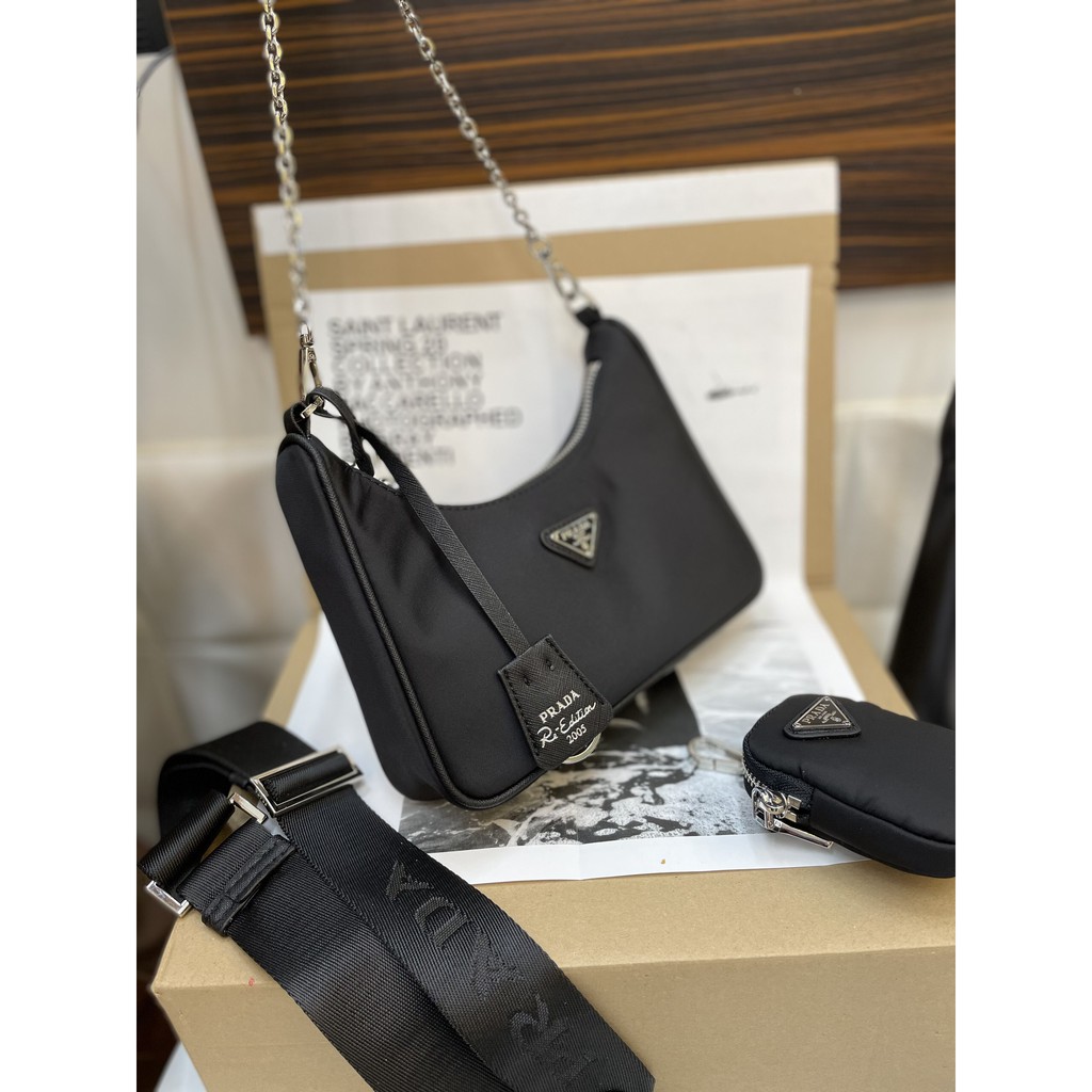 Túi Prada kèm ví vải dù super màu đen size 22cm