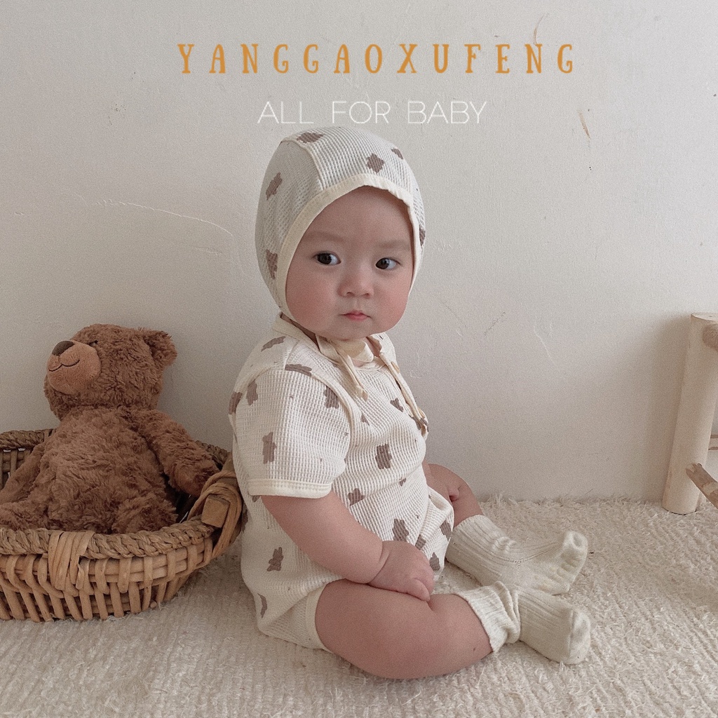 Bộ Áo Liền Quần Tay Ngắn In Hình Gấu Và Nón Dễ Thương Cho Bé Sơ Sinh