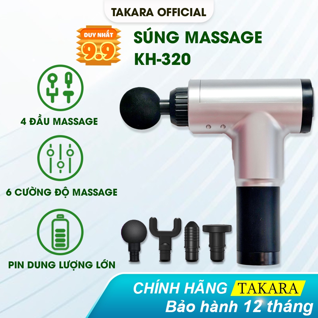 Súng Massage Cầm Tay, Máy Mát Xa Trị Liệu Toàn Thân TAKARA Với 4 Đầu Thay Thế Và 6 Cấp Độ Giảm Đau Mỏi Cơ KH320