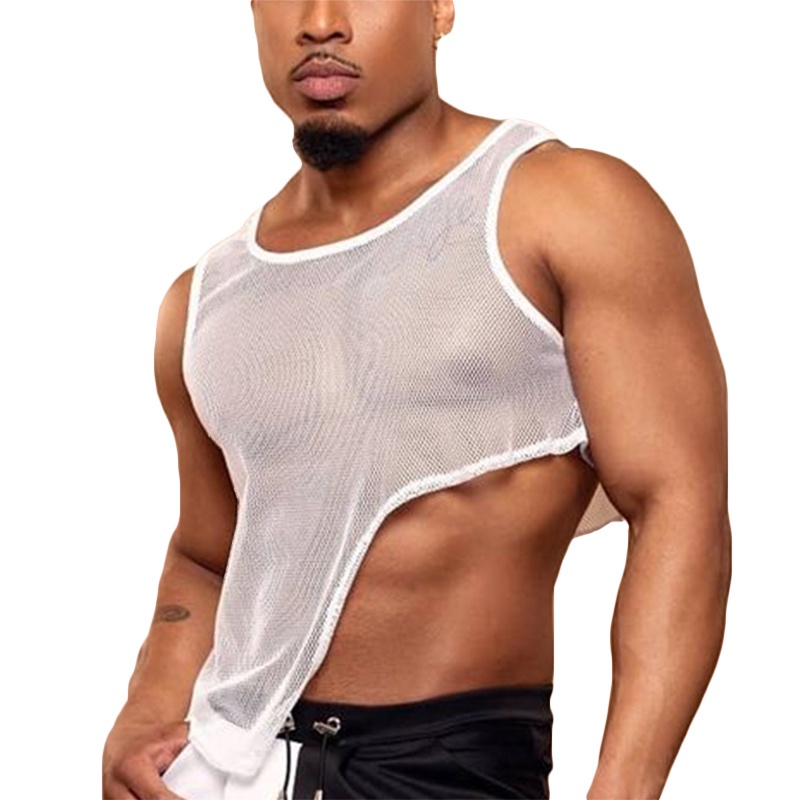 Áo tank top INCERUN cổ tròn không tay lưới xuyên thấu bất đối xứng cho nam