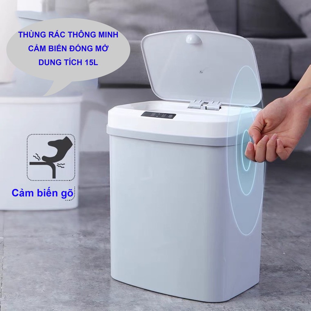 Thùng rác thông minh cảm biến sạc usb 25.3x18.5x30cm, cảm biến tự mở khi che phía trên ~30cm