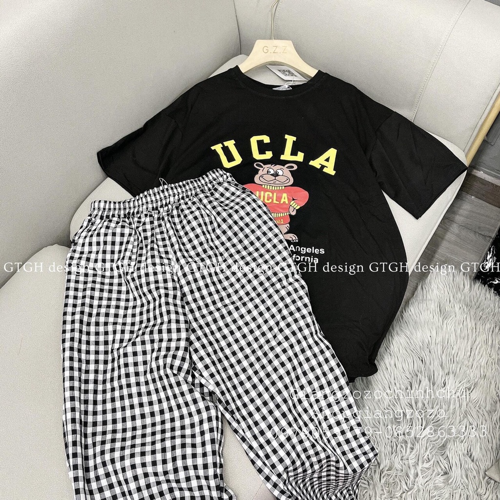 [ SIÊU PHẨM 2022 ] BỘ NỮ ÁO ĐEN GẤU UCLA QUẦN BOM KẺ CARO - ZADOLA FASHION