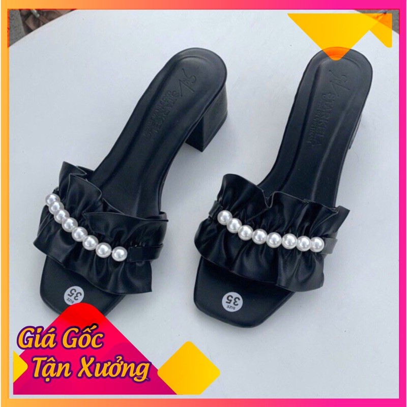 [ Giá Sập Sàn ] Guốc Cao 5p Quai Ngang Bèo Nhún Đính Hạt Châu Mã B10