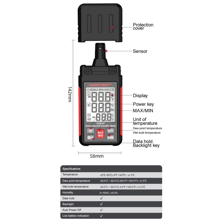 Nhiệt Kế Điện Tử Cầm Tay Màn Hình LCD Kèm Bóng Đèn Ướt