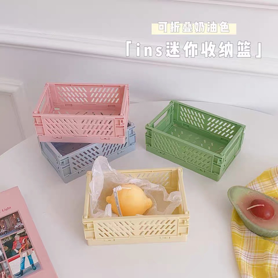 Rổ Nhựa Mini Gấp Gọn Để Bàn Xinh Xắn, Đựng Sticker, Washi Để Bàn Trang Trí, Giỏ Nhựa Mini, Khay Gấp Gọn