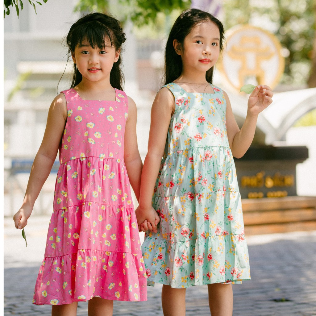 [LITTLE PINK] AMBER DRESS - Váy hoa bé gái sát nách cổ vuông