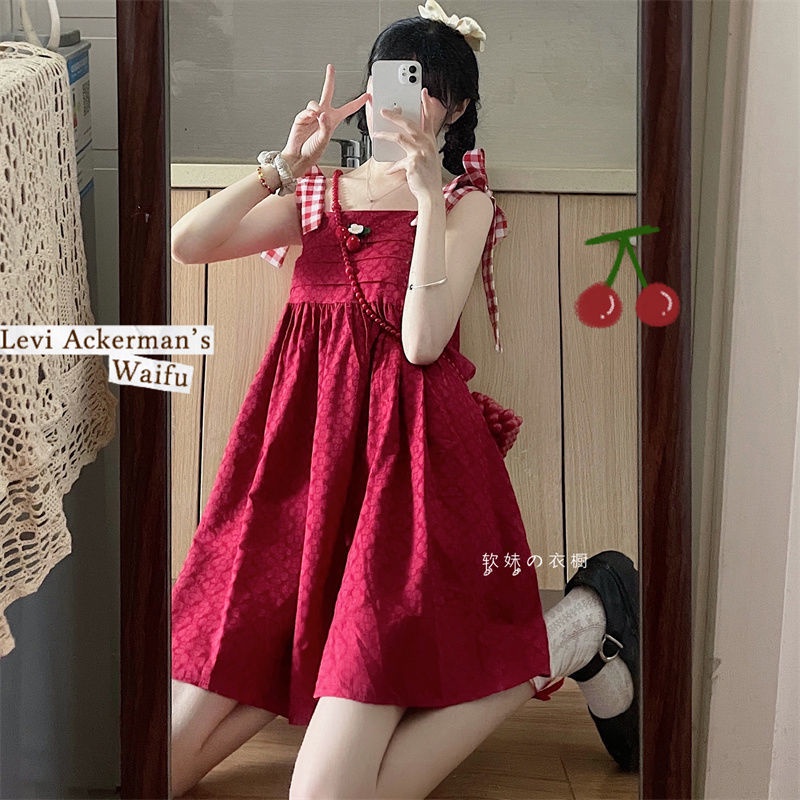 Váy lolita đỏ kẻ sọc ren dễ thương phong cách nhật bản