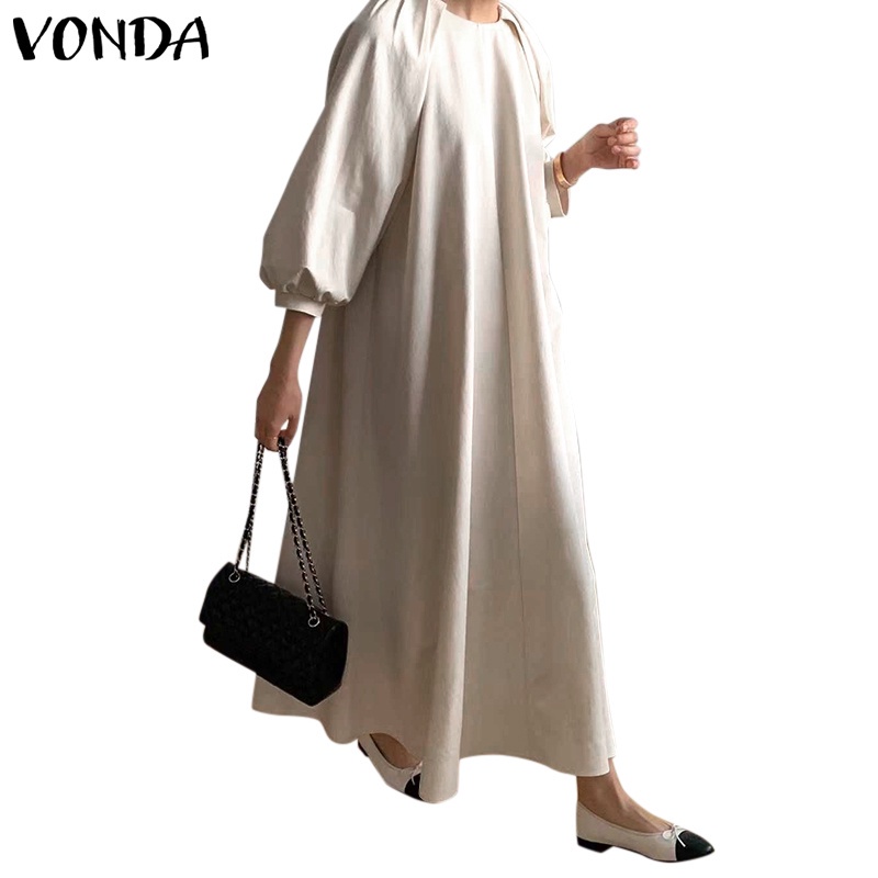 Đầm VONDA dáng dài cổ tròn tay lỡ xếp ly màu trơn phong cách Hàn Quốc thường ngày cho nữ