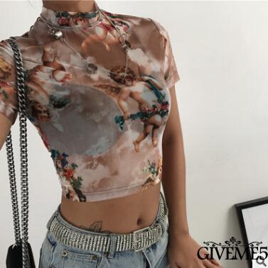 [Mã FAMAYWA giảm 10K đơn 50K] Áo lửng lưới xuyên thấu ngắn tay in hình thiên thần quyến rũ thời trang cho nữ | BigBuy360 - bigbuy360.vn