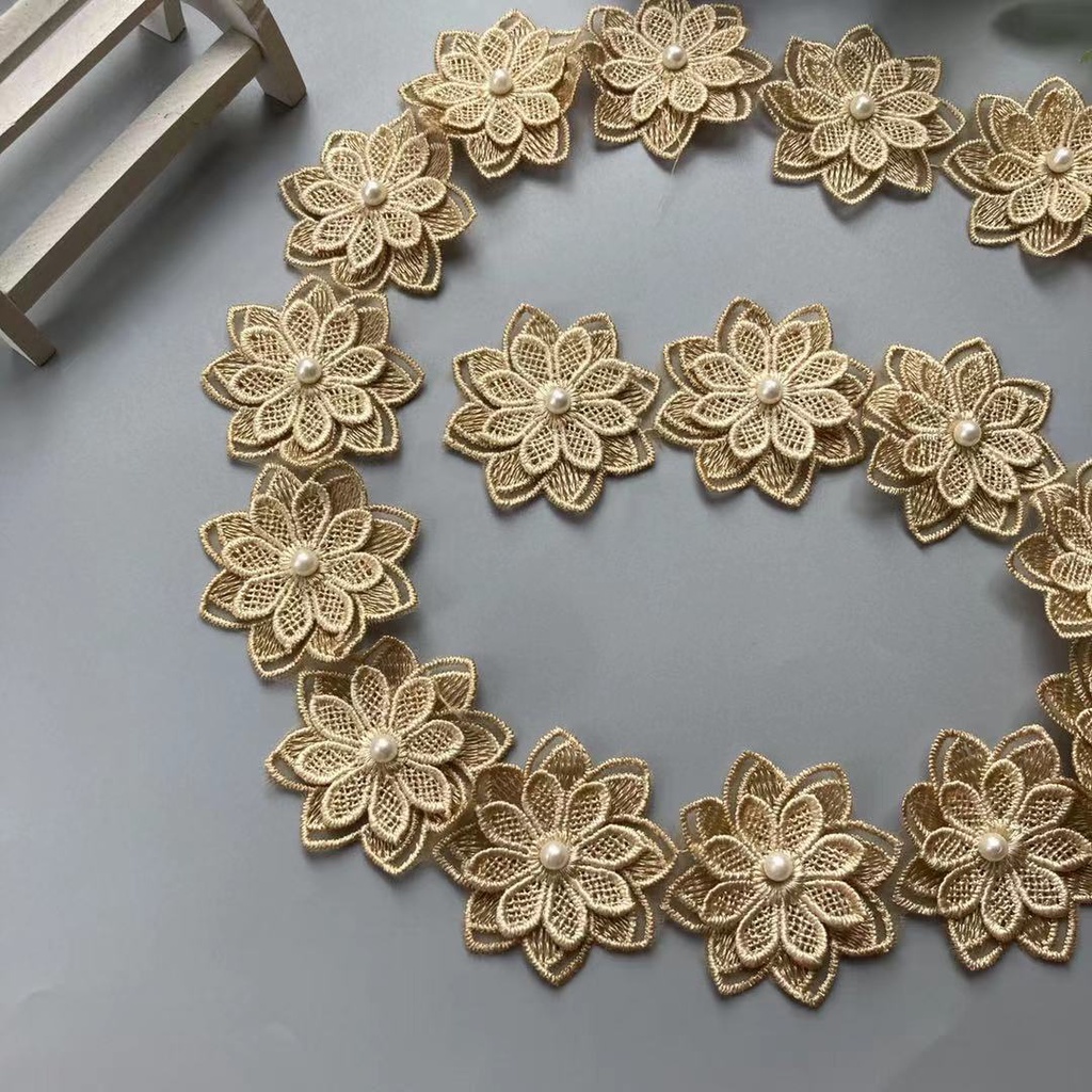 Set 10 Miếng Vải Ren Hoa Đính Ngọc Trai 3D Màu Trắng Dùng Để Trang Trí Váy Cưới