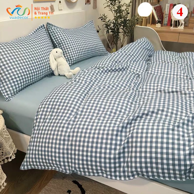 Set vỏ chăn ga gối cotton VUADECOR họa tiết kẻ caro trang trí, decor phòng ngủ phong cách Hàn Quốc cao c