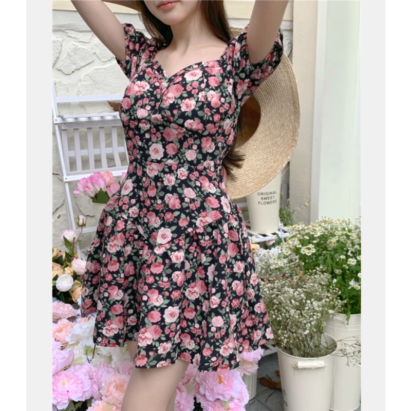 Đầm Hoa Cổ Vuông Ngắn Tay Thời Trang Mùa Hè Dành Cho Nữ