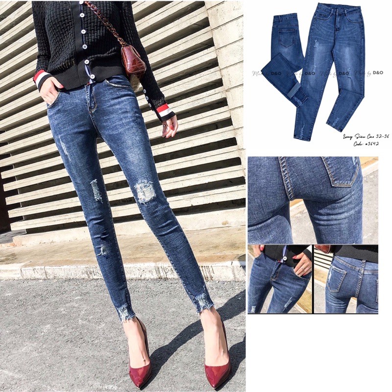 Quần Jeans LƯNG SIÊU CAO Ôm Eo Trên Rốn - Quần Jean Co Giãn Mạnh / Rách Đậm