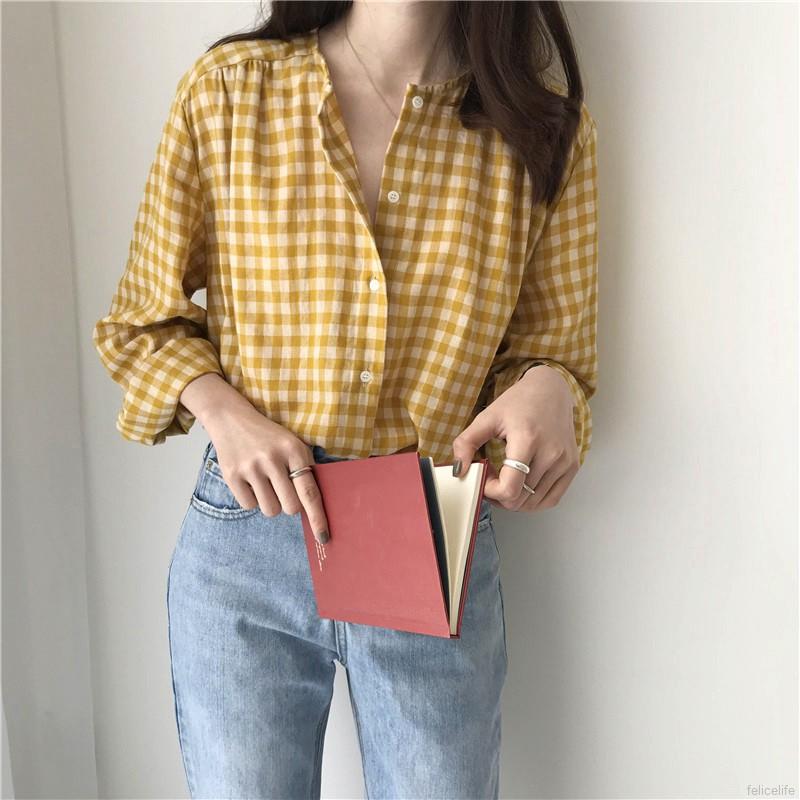Áo sơ mi nữ cổ tròn dài tay sọc caro