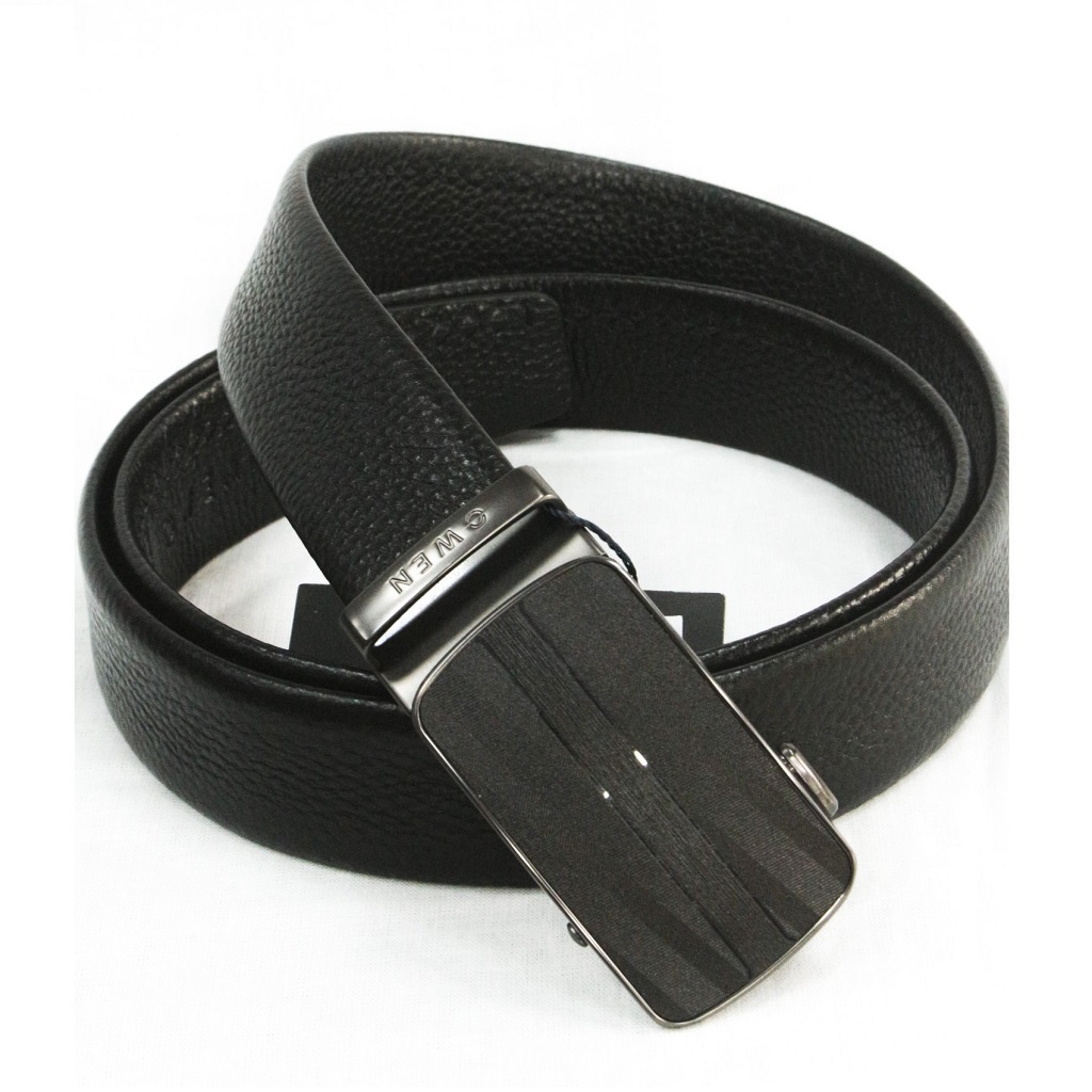 Thắt lưng da bò nam cao cấp OWEN BELT220593 dây nịt da thật màu đen mặt hợp kim đúc nguyên khối khóa trượt tự động