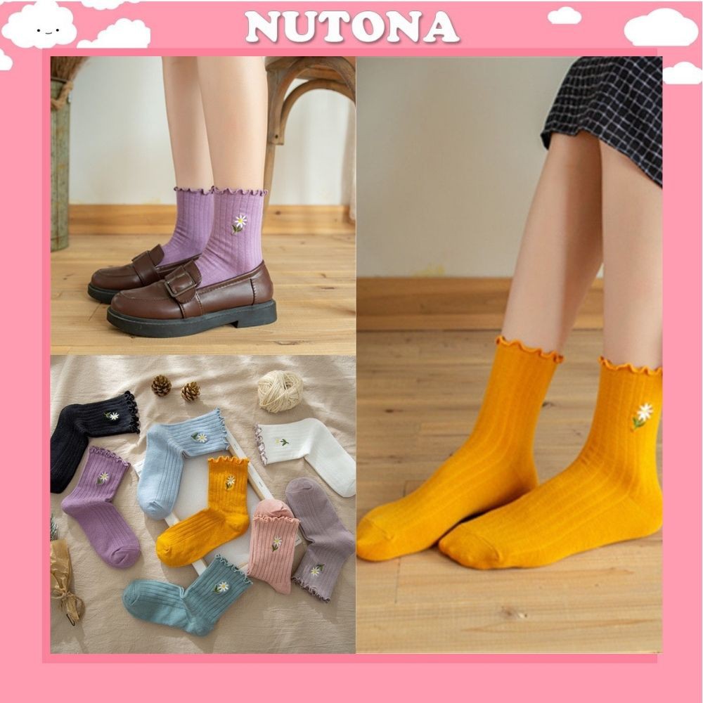 Tất bèo nữ Nutona tất cổ cao thêu hoa cúc phong cách Vintage nhẹ nhàng TN40