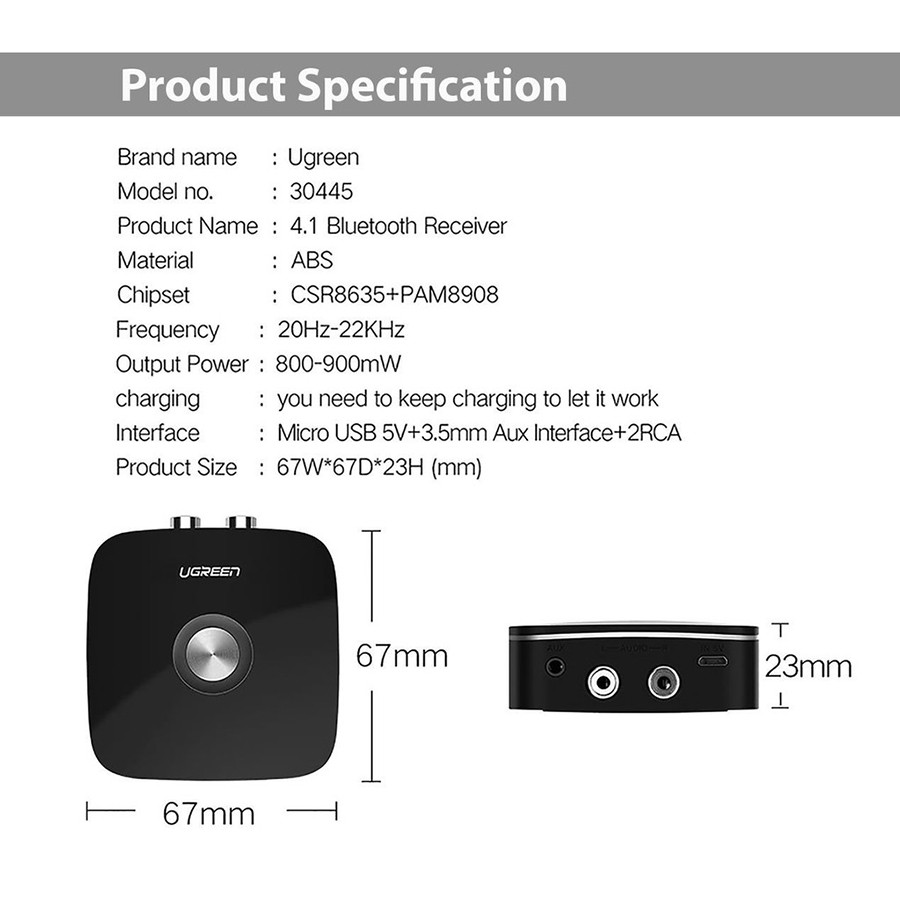 Bộ thu Bluetooth 5.0 Ugreen 30445 cho loa, amply hỗ trợ cổng 3.5mm, RCA - Hapustore