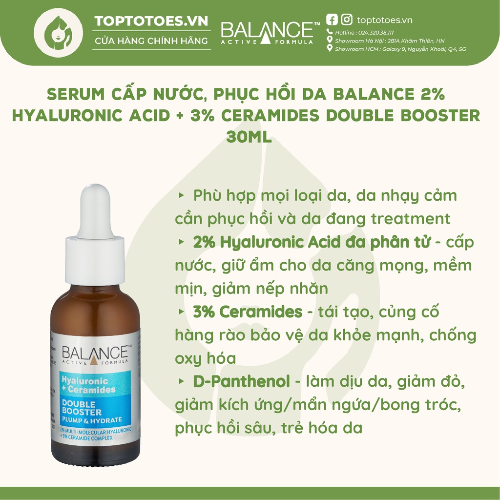 Serum cấp nước, phục hồi da Balance 2% Hyaluronic Acid + 3% Ceramides Double Booster 30ml