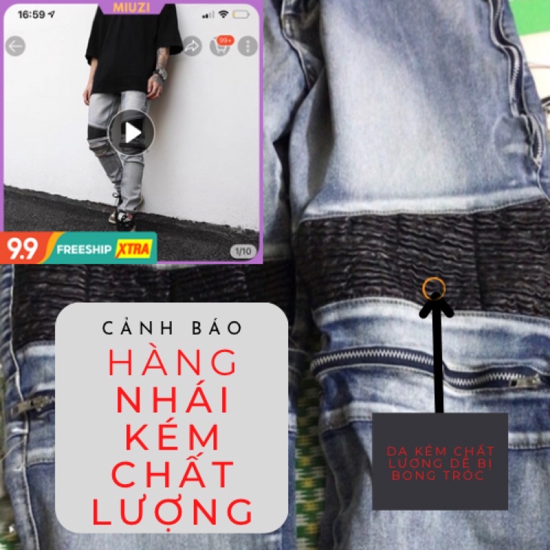 Quần Biker Jeans khoá ZIP mài bạc