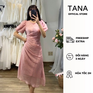 Đầm dự tiệc TANA D0340 đầm voan hồng body chít eo dáng dài ôm eo cổ tròn mặc đi tiệc, đi dạo