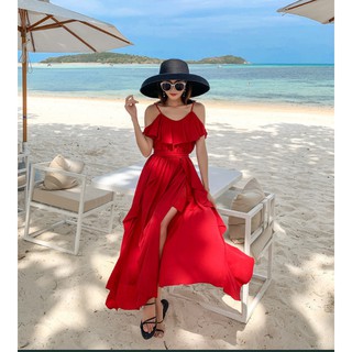 Váy maxi Fidelia đỏ 2 dây bèo xẻ tà sang chảnh