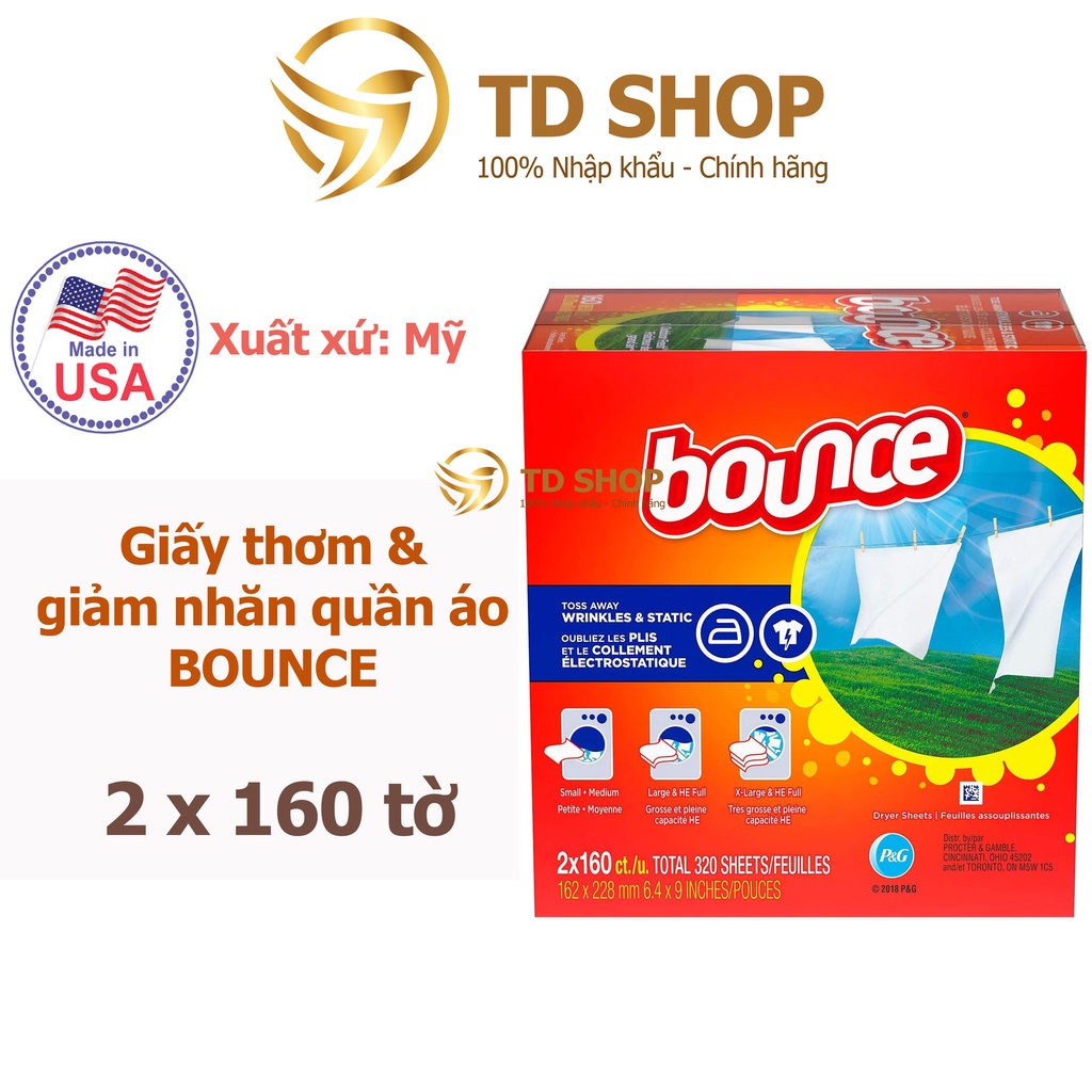 [NK Mỹ] Giấy sấy thơm quần áo Bounce Sheets Outdoor Fresh 160 I 320 tờ - nguyên hộp - TD Shop