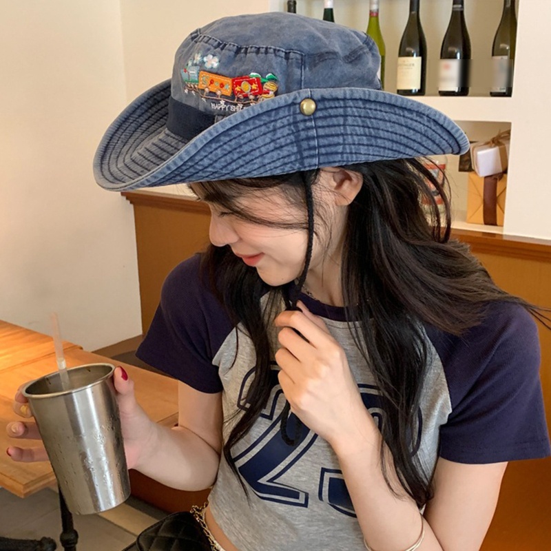 Mũ Cao Bồi Denim Mùa Hè Thêu Họa Tiết Có Dây Cho Thanh Thiếu Niên Phong Cách Hip Hop