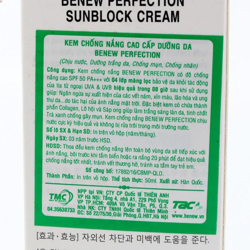 Kem chống nắng dưỡng trắng Benew Hàn Quốc Perfect Sunblock  SX