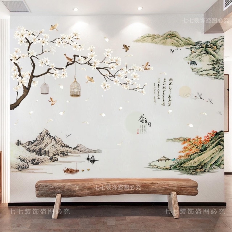 Decal dán tường phòng khách mẫu Ban trắng + Núi Non
