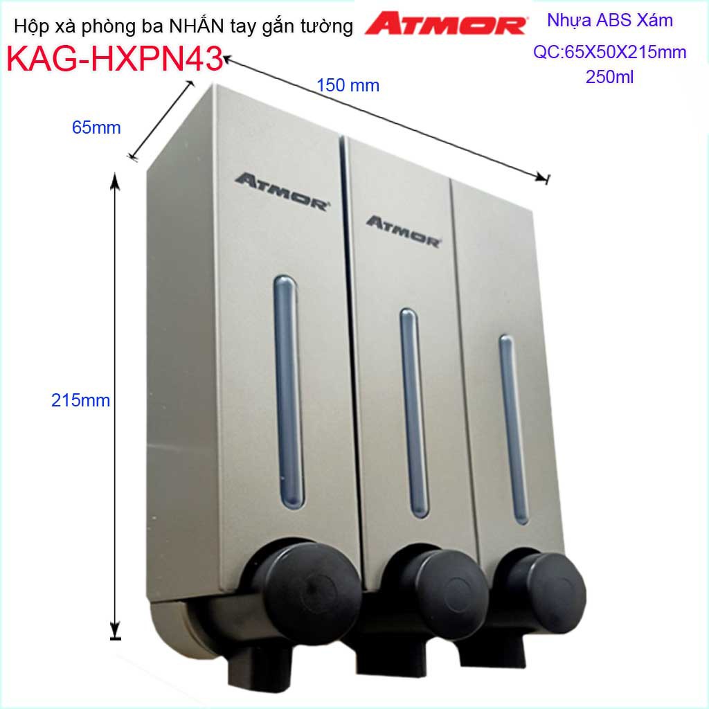 Hộp nhấn xà phòng Atmor KAG-HXPN43-Xám, hộp đựng xà bông 250ml x3 Dark grey nhấn êm thiết kế đẹp siêu bền