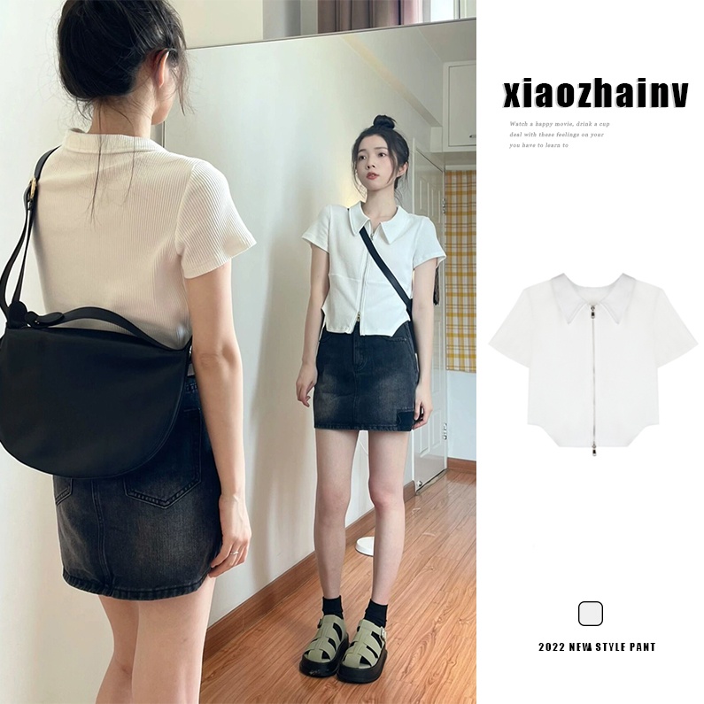 Xiaozhainv Set Áo Cardigan Ngắn Tay Và Chân váy jean Chữ A Lưng Cao Phối Khóa Kéo Thời Trang Mùa Hè