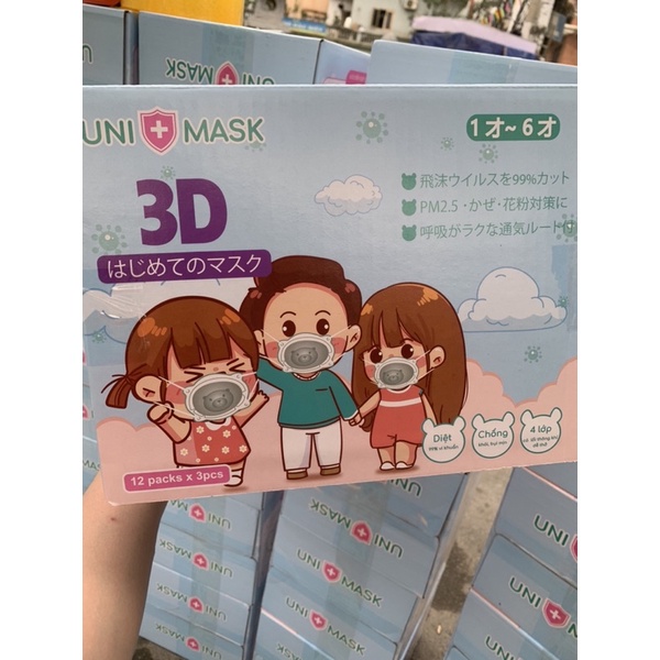 Sỉ thùng 36 chiếc khẩu trang gấu Uni Mask cho bé (mẫu mới túi zip đẹp)