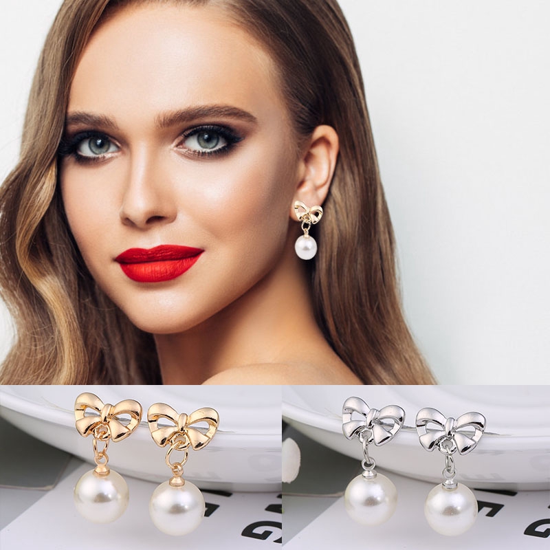 Khuyên tai nơ đính ngọc trai nhân tạo phong cách Hàn Quốc dành cho nữ