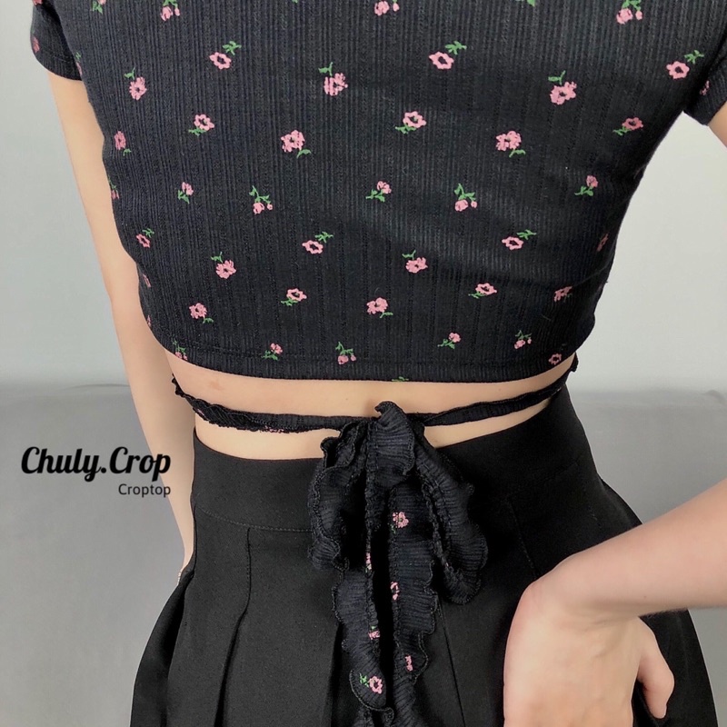 áo croptop cổ V bèo cột dây eo nhiều hoạ tiết xinh xắn