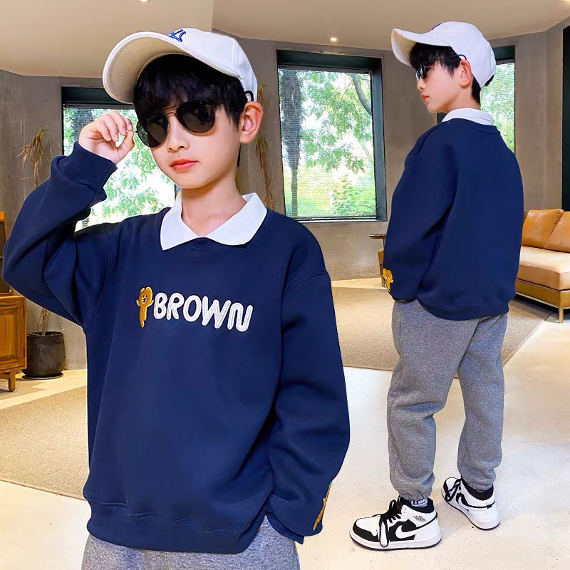 Áo thu đông dài tay cổ bẻ &quot;BBROWN&quot; 14-4kg cho bé trai. Áo sweater ấm áp cho bé  4-14 tuổi. Vải da cá ấm áp. G48