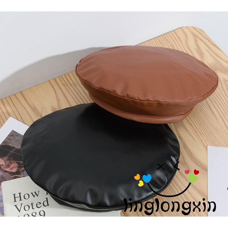 Mũ beret da mỏng tròn phối dây rút thời trang xuân thu cho nữ
