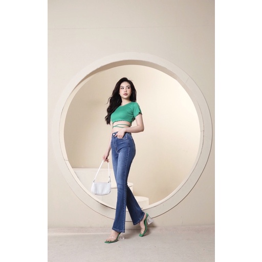 Quần Jean Nữ Ống Loe Lưng Cao Co Giãn Trơn Dài Quá Gót Gấu Thường CT Jeans