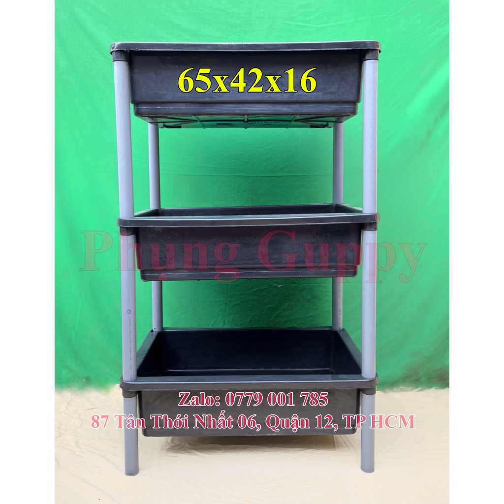 Bộ Khay Nhựa Đen 3 Tầng Nuôi Cá, Trồng Rau 65x42x16