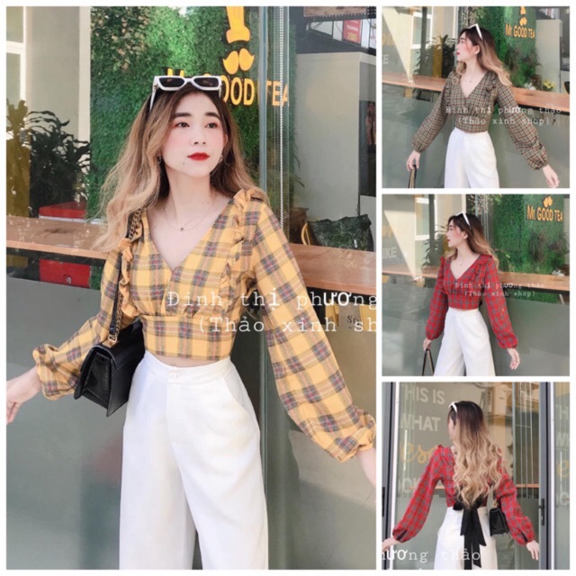 Áo caro nơ lưng tay phồng