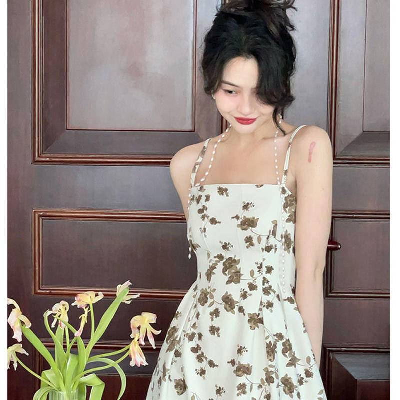 Đầm Hai Dây Dáng Chữ A In Họa Tiết Hoa Phong Cách Hàn Quốc Cổ Điển Kiểu Mới