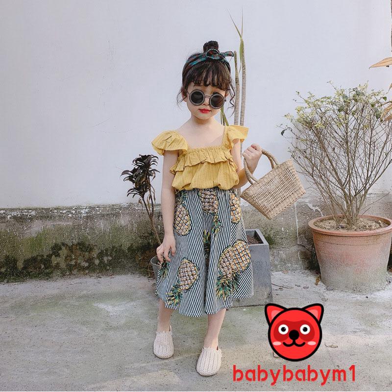 Bộ Đồ Gồm 2 Món Áo Thun In Hình Quả Dứa+Váy Dành Cho Bé Gái