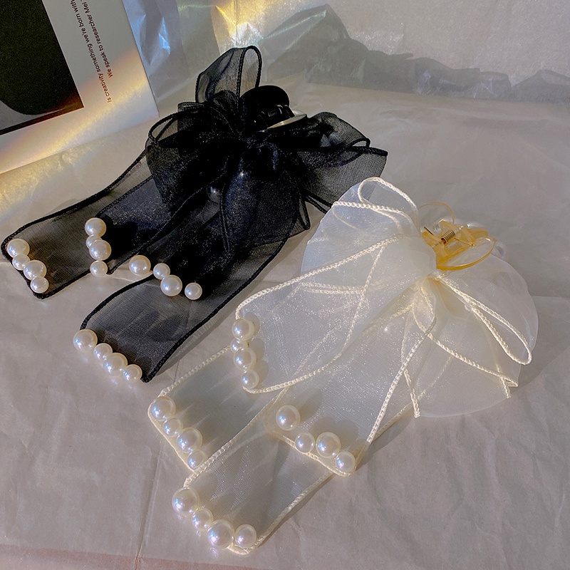 Kẹp Tóc Hình Nơ Đính Ngọc Trai Màu Đen Phong Cách Hàn Quốc Cho Nữ