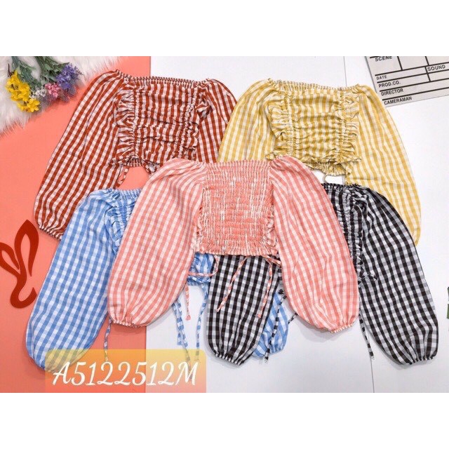 Áo Kiểu Caro Kate Tay Dài Bẹt Vai Rút Hai Bên Fashion TT0022 (TTS0942)